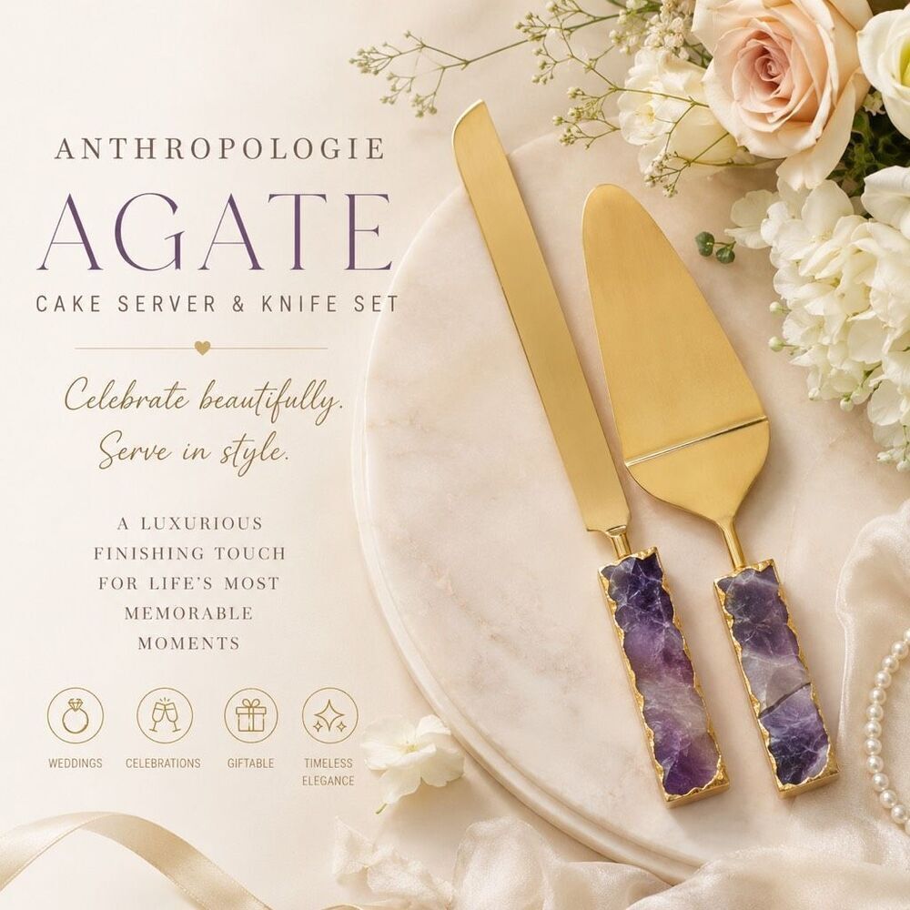 Anthropologie Agate Amethyst Cake Server Knife Set Gold Tone Wedding NWT Gift